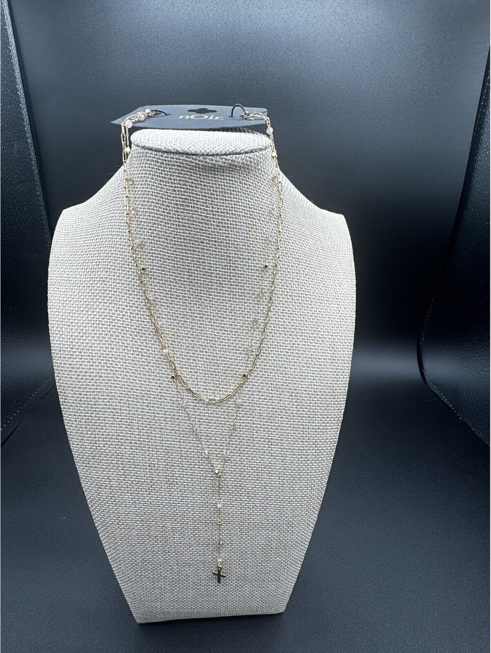 nOir Gold Tone Layered Cross Necklace Delicate Beaded Chain Minimalist Y Neck